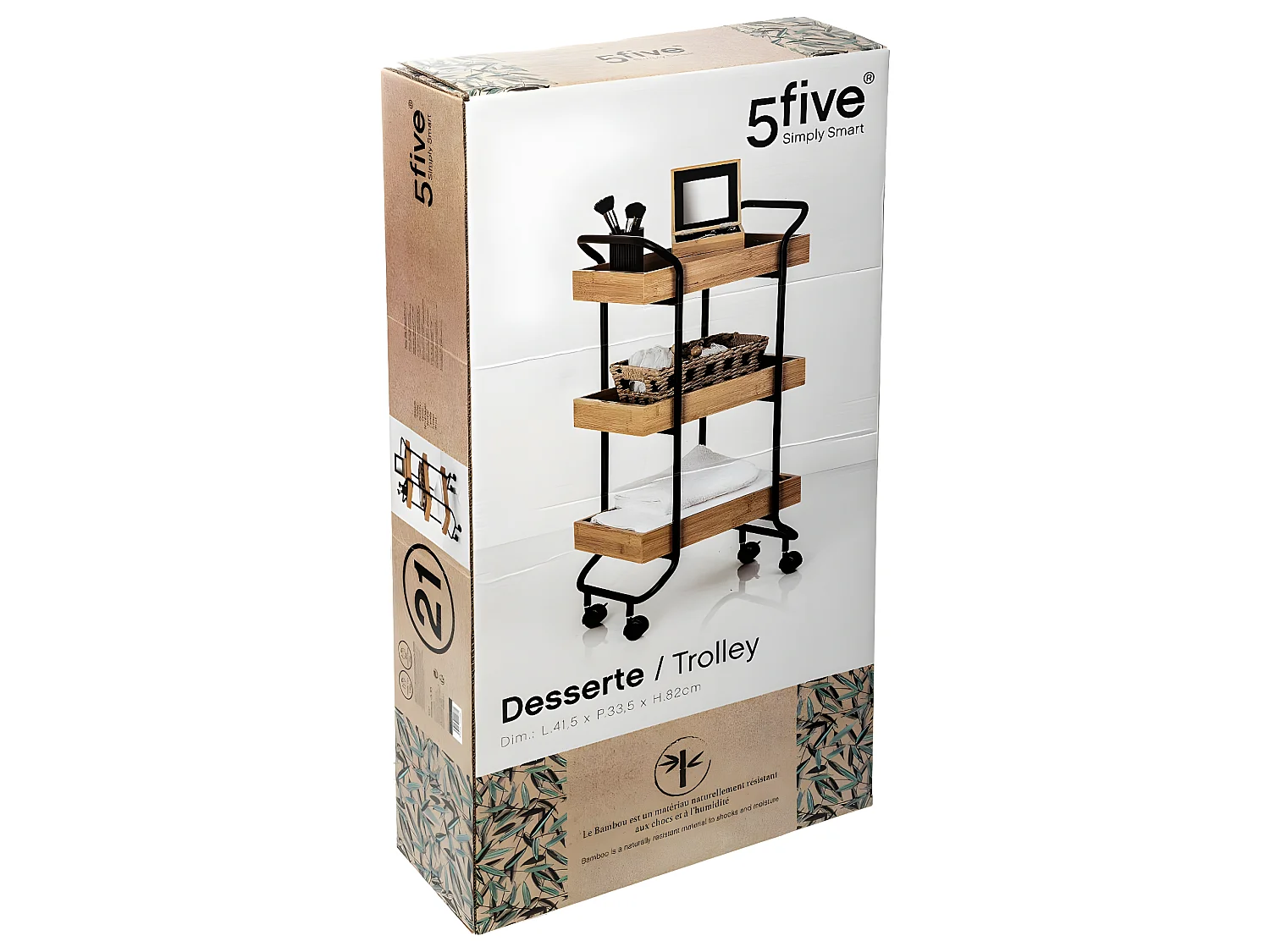 Desserte roulante 3 Niveaux en métal noir et bambou