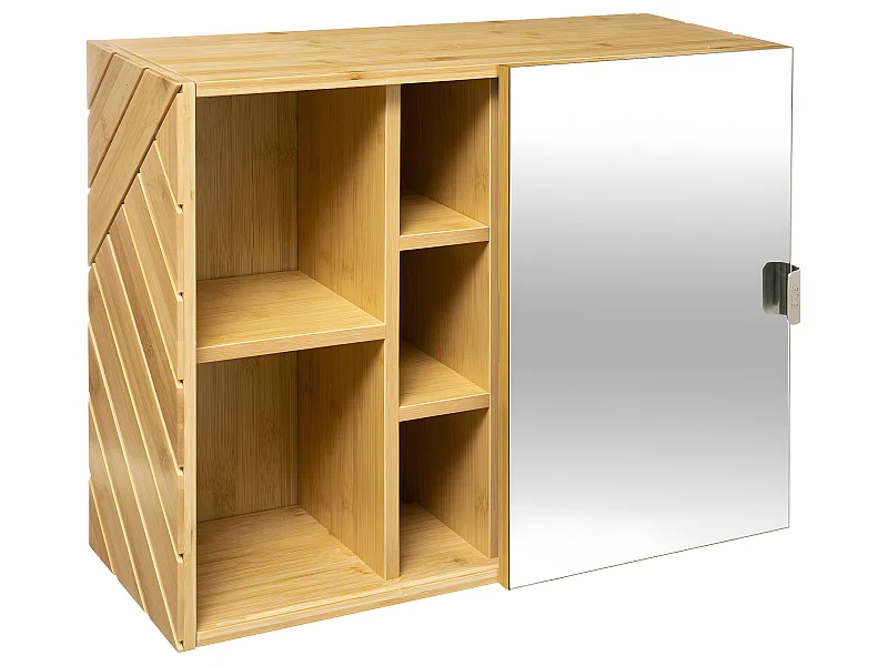 Meuble Salle de Bain Porte coulissante Miroir 7 Etagères en Bois H 45 cm