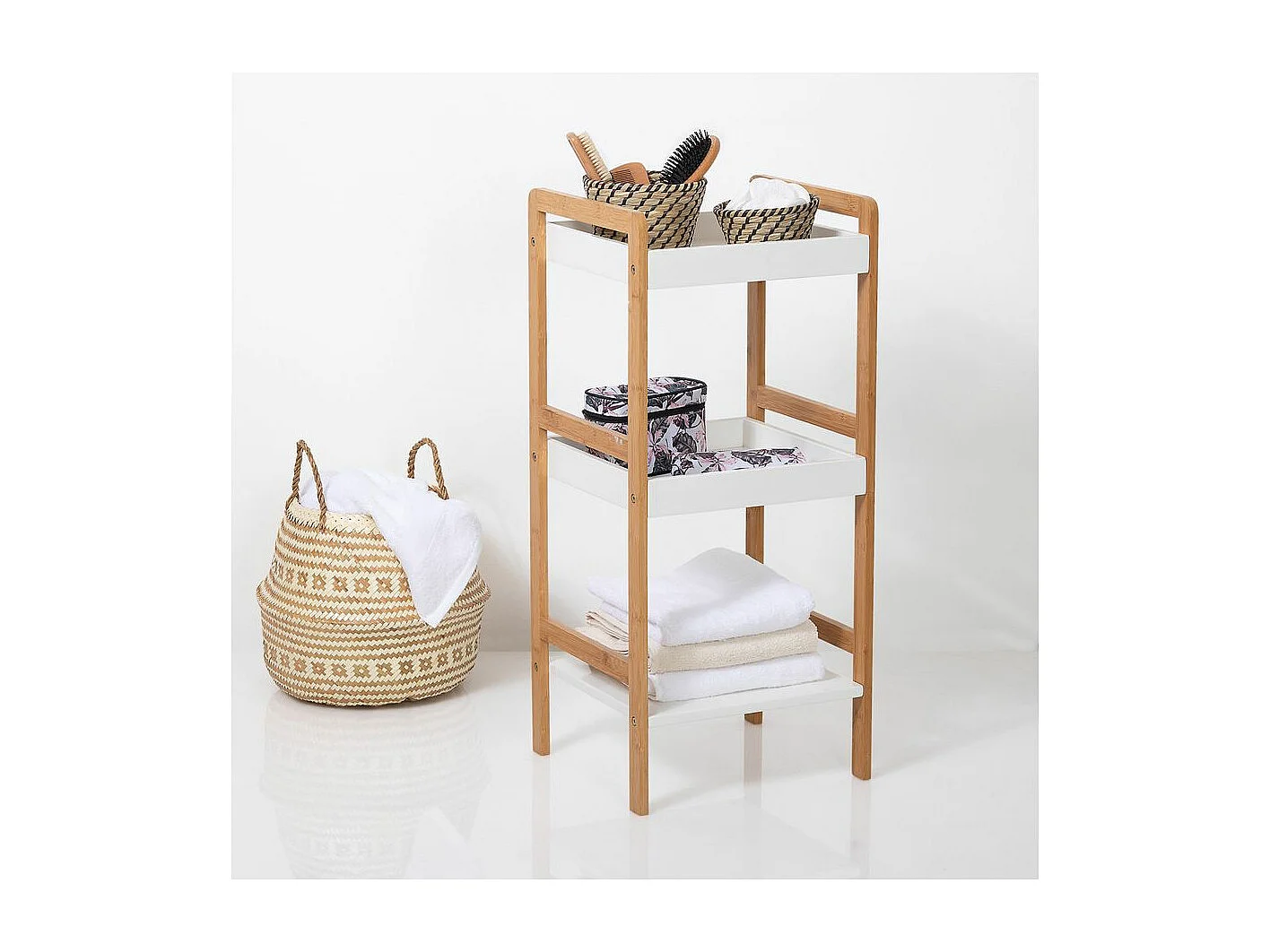 Étagère de rangement 3 niveaux en Bambou et Bois Blanc H 80 cm