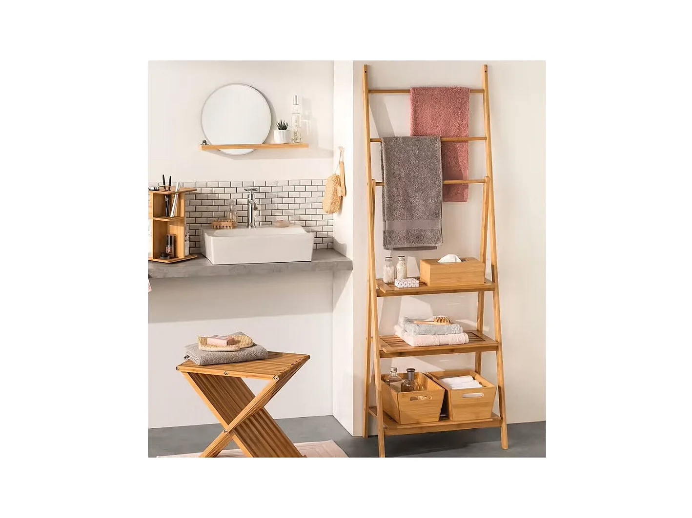 Étagère de rangement 3 niveaux avec Porte-serviette en Bambou H 152 cm