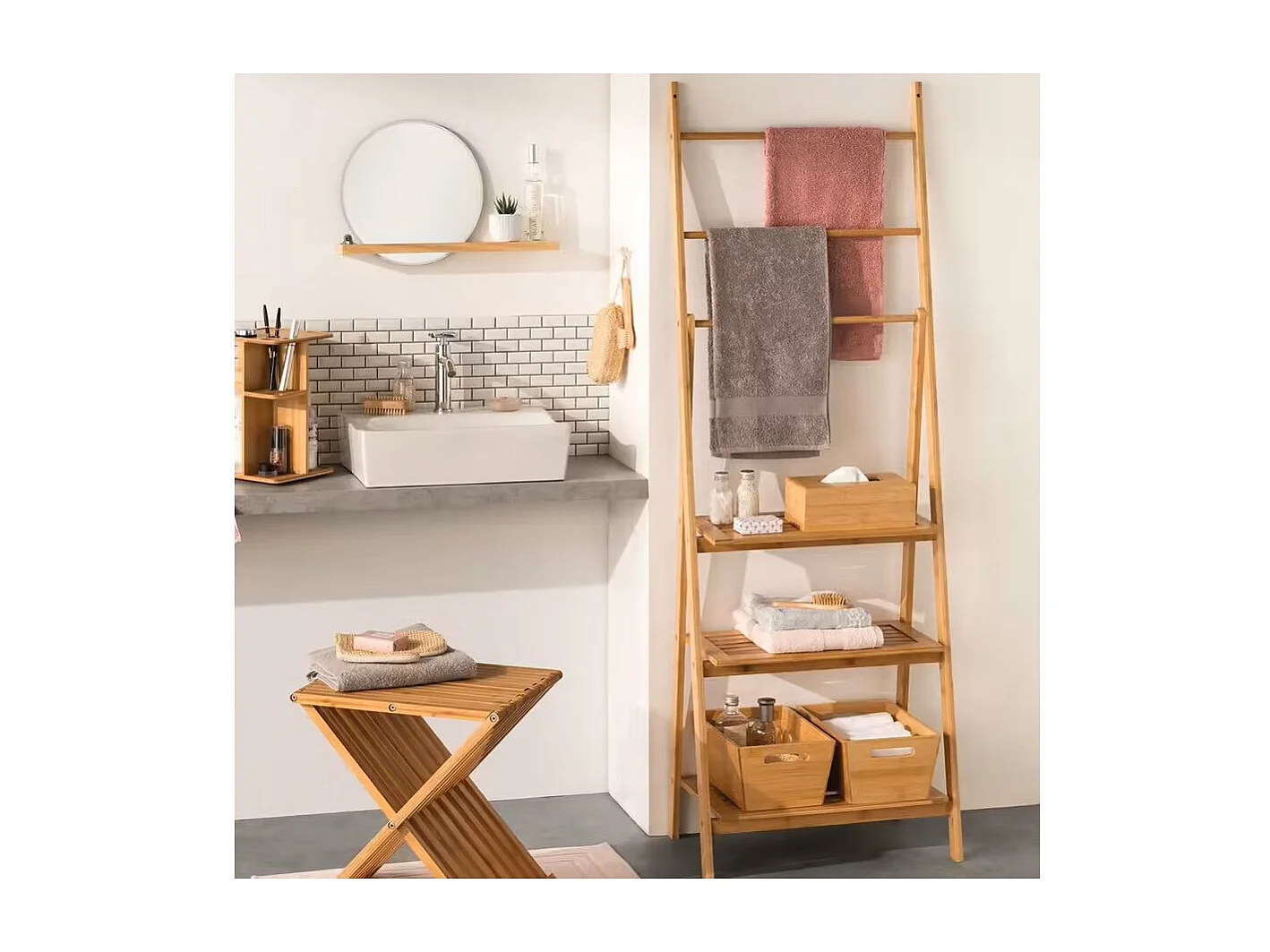 Étagère de rangement 3 niveaux avec Porte-serviette en Bambou H 152 cm