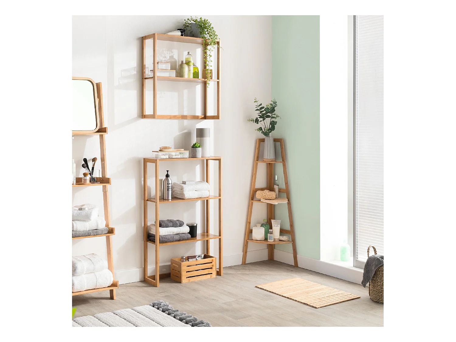 Étagère de rangement d'angle 3 niveaux en Bambou H 103 cm