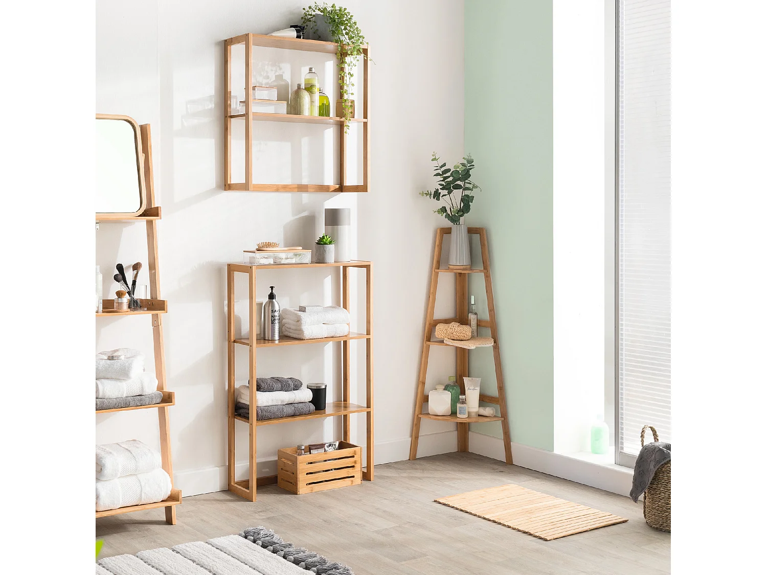 Étagère de rangement d'angle 3 niveaux en Bambou H 103 cm