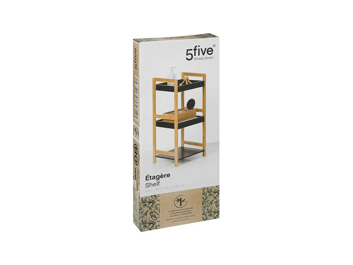 Étagère de rangement 3 niveaux en Bambou et Bois Noir H 80 cm