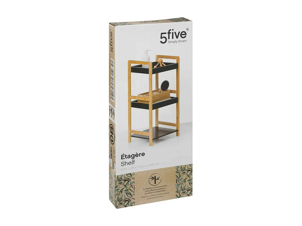 Étagère de rangement 3 niveaux en Bambou et Bois Noir H 80 cm