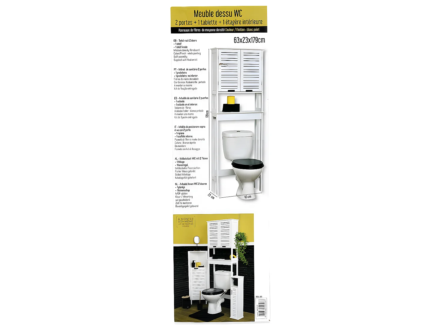 Meuble dessus de Toilettes WC 2 Portes 1 Etagère et 1 Tablette H 179 cm - Blanc miami