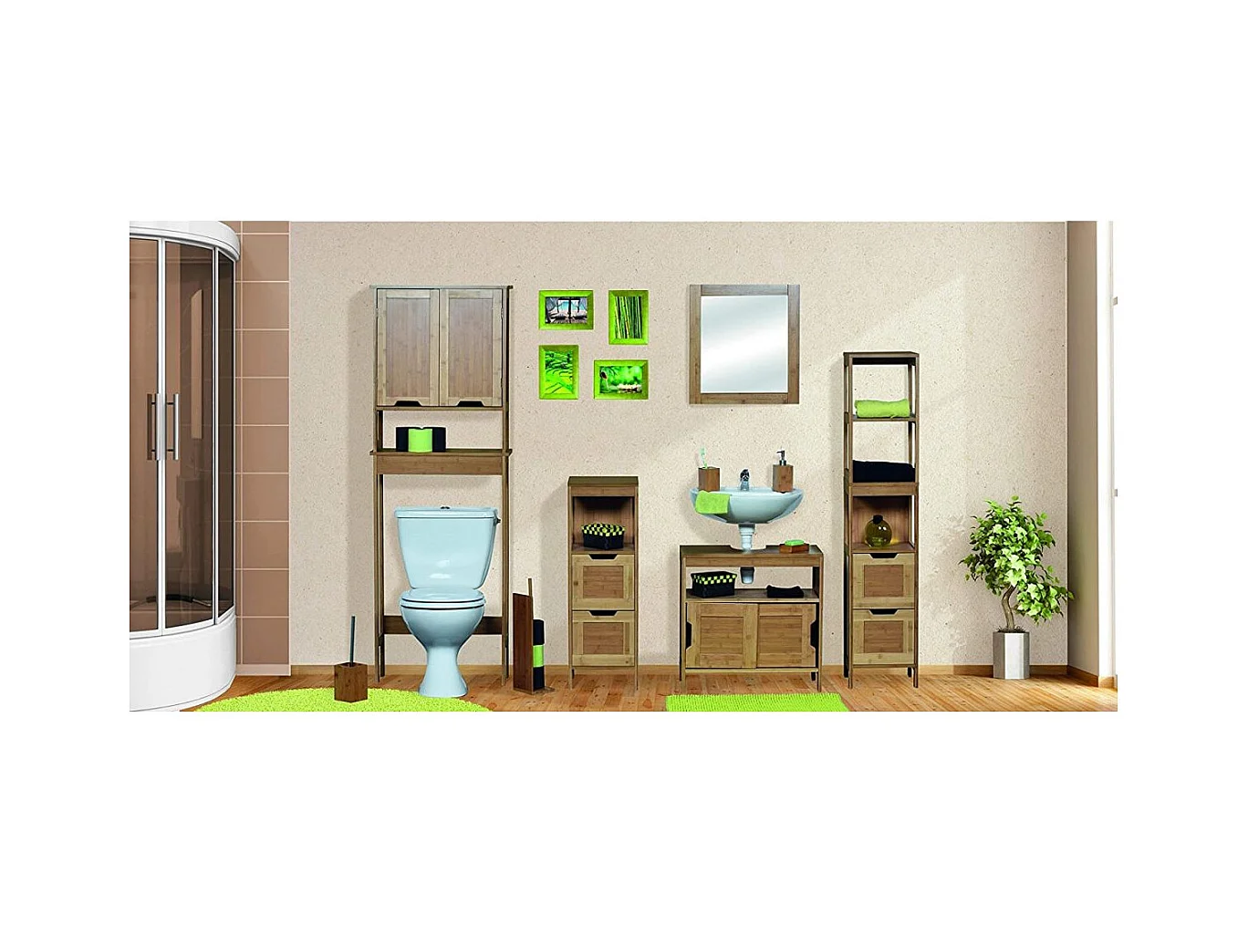 Meuble dessus de Toilettes WC 2 Portes 1 Etagère et 1 Tablette H 173 cm - Bambou