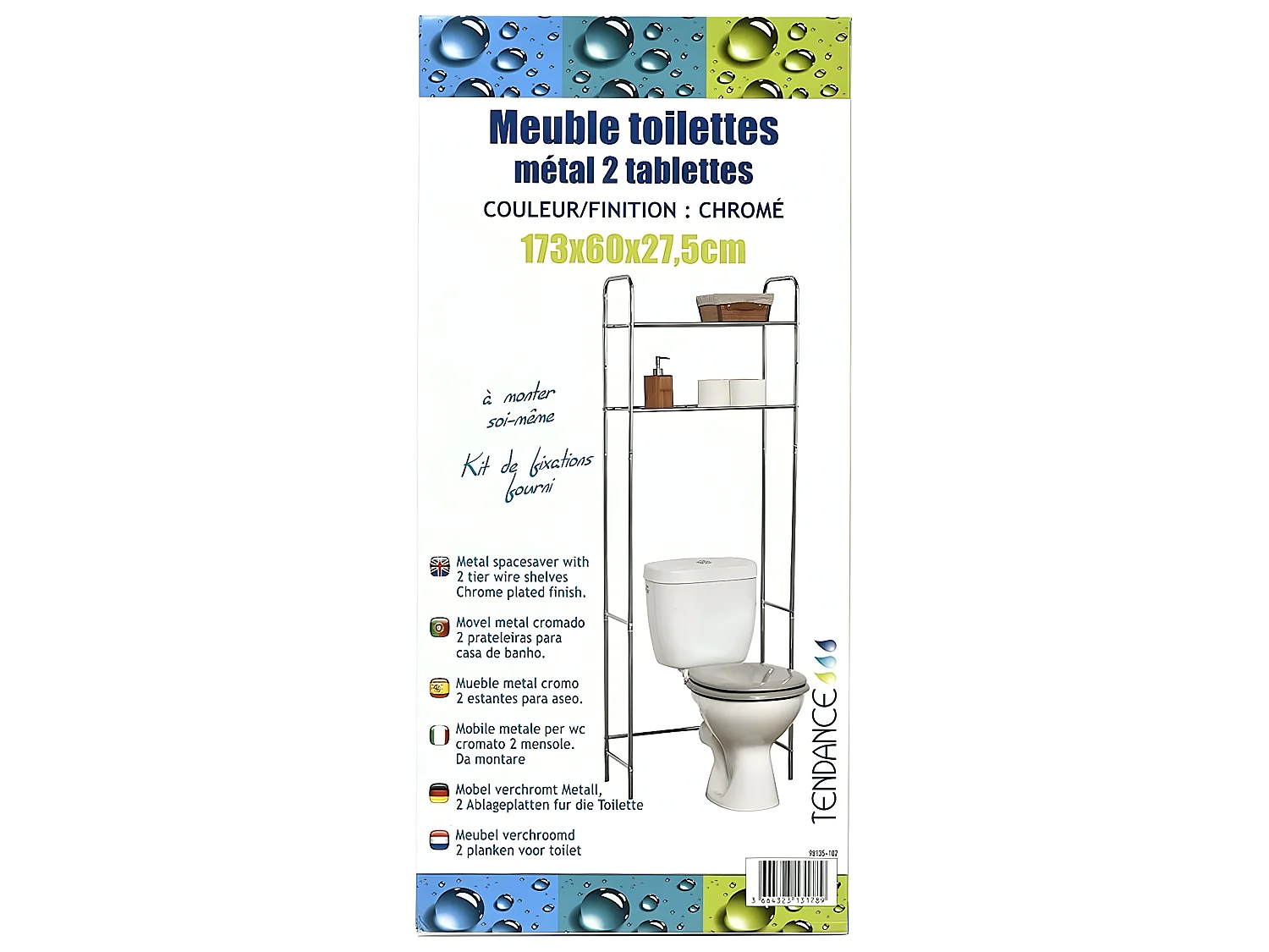 Meuble dessus de Toilettes WC avec 2 Tablettes en Métal Chrome H 173 cm