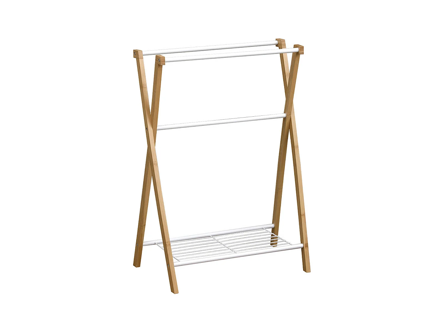 Porte-serviettes 3 Barres et 1 Tablette en Bambou et Métal Blanc H 86 cm