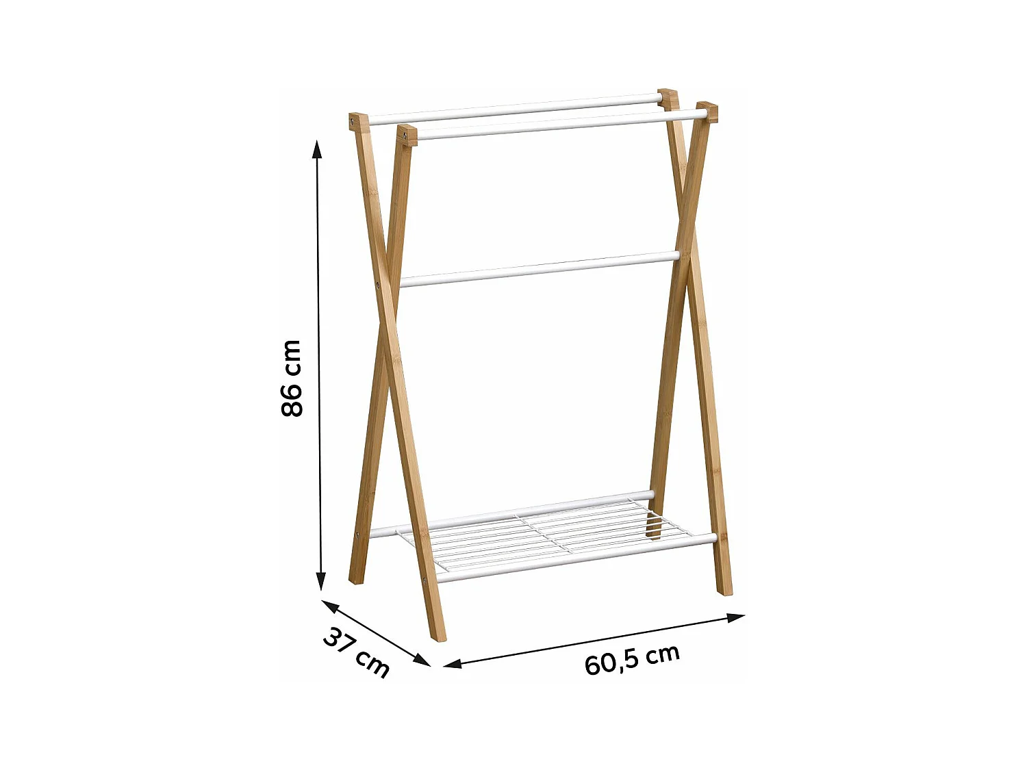 Porte-serviettes 3 Barres et 1 Tablette en Bambou et Métal Blanc H 86 cm