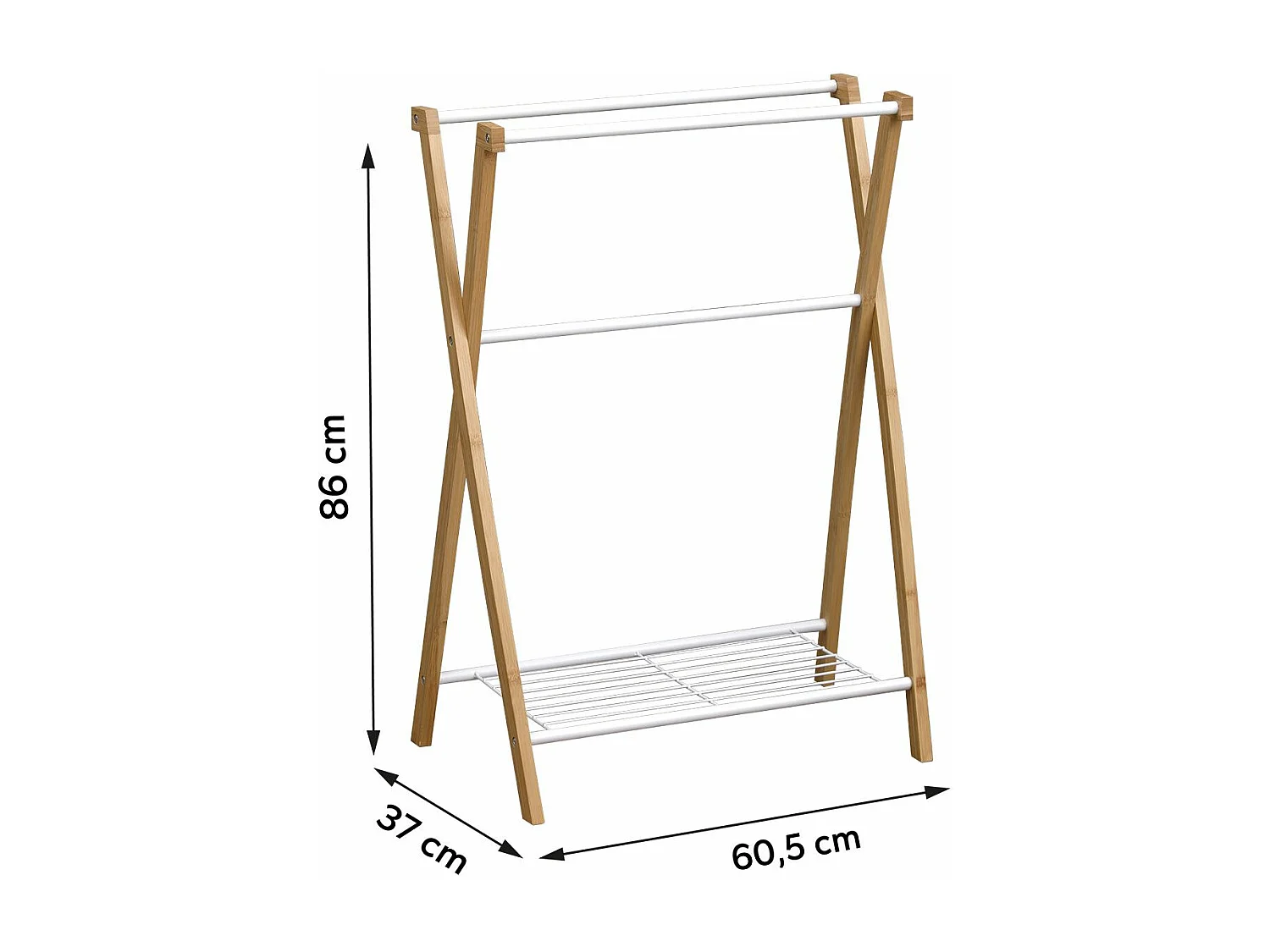 Porte-serviettes 3 Barres et 1 Tablette en Bambou et Métal Blanc H 86 cm