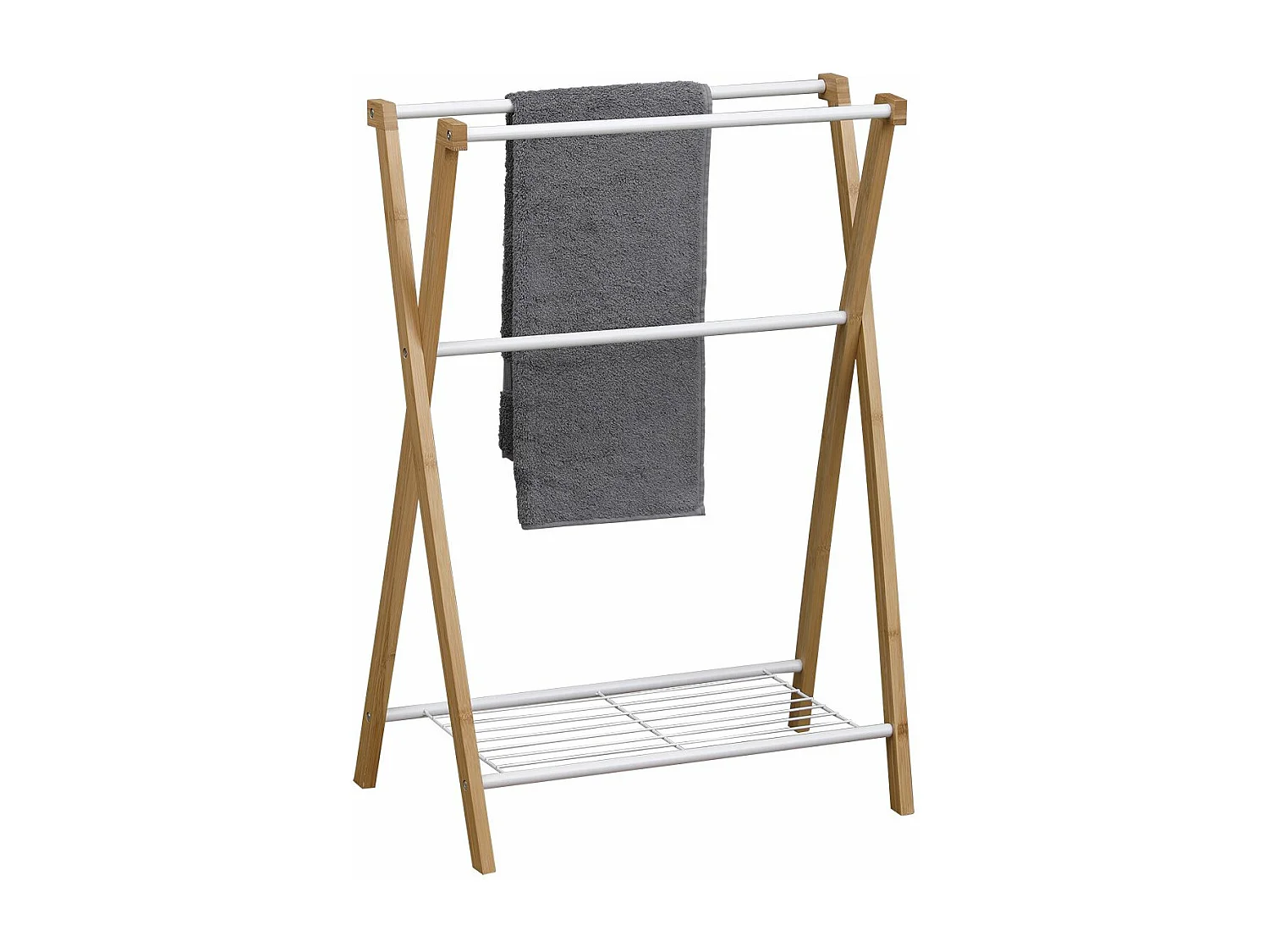 Porte-serviettes 3 Barres et 1 Tablette en Bambou et Métal Blanc H 86 cm