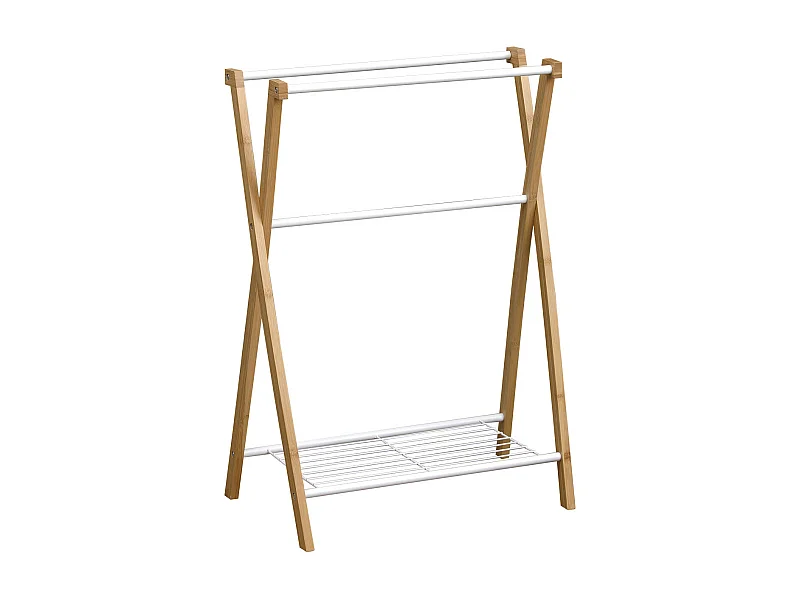 Porte-serviettes 3 Barres et 1 Tablette en Bambou et Métal Blanc H 86 cm