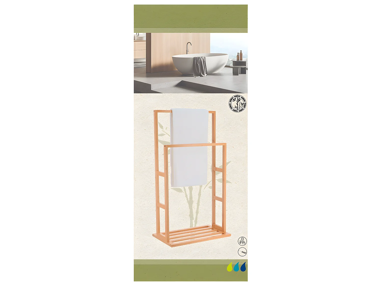 Porte-serviettes 2 Barres en Bambou H 80 cm