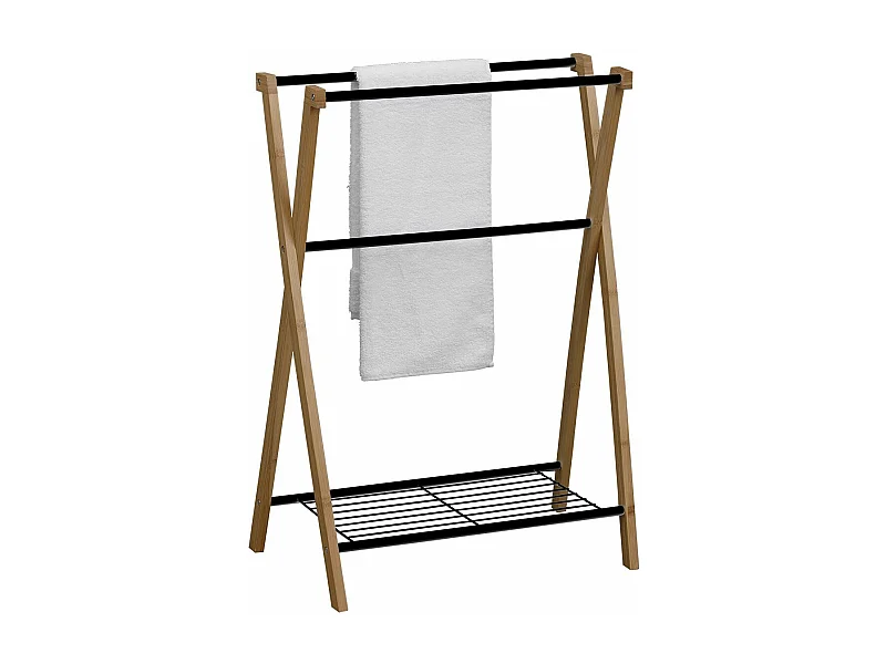 Porte-serviettes 3 Barres et 1 Tablette en Bambou et Métal Noir H 86 cm