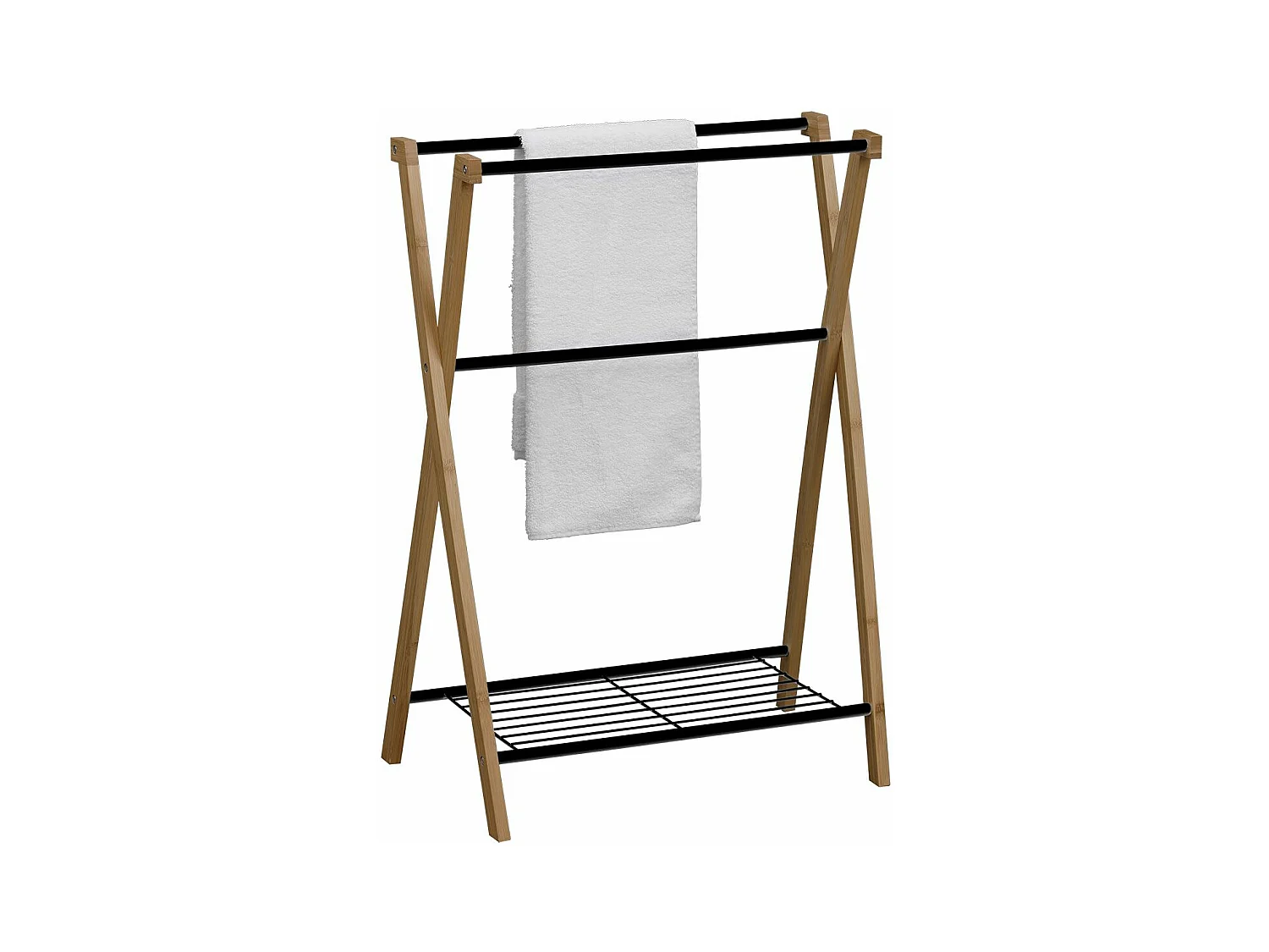 Porte-serviettes 3 Barres et 1 Tablette en Bambou et Métal Noir H 86 cm