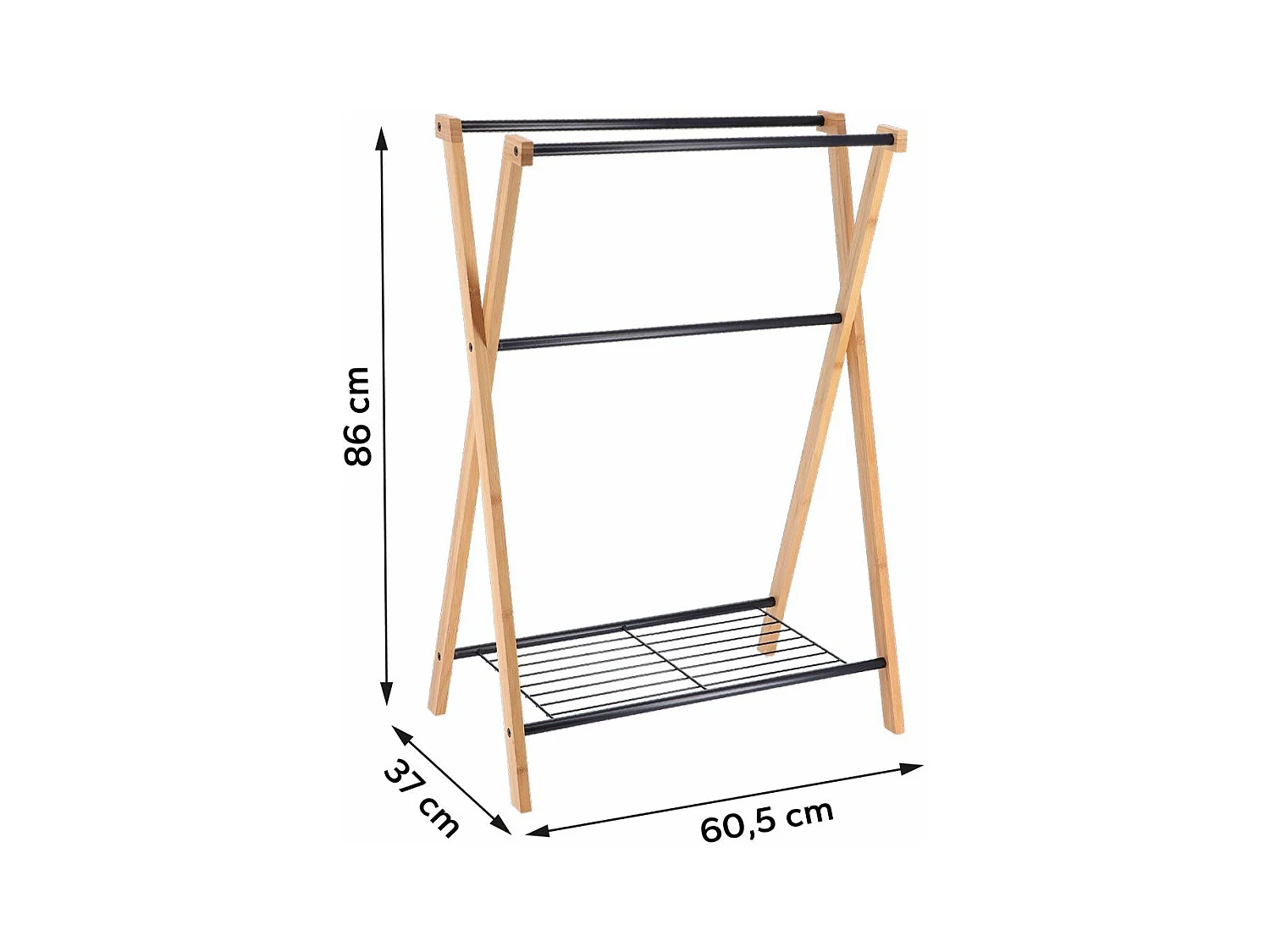 Porte-serviettes 3 Barres et 1 Tablette en Bambou et Métal Noir H 86 cm