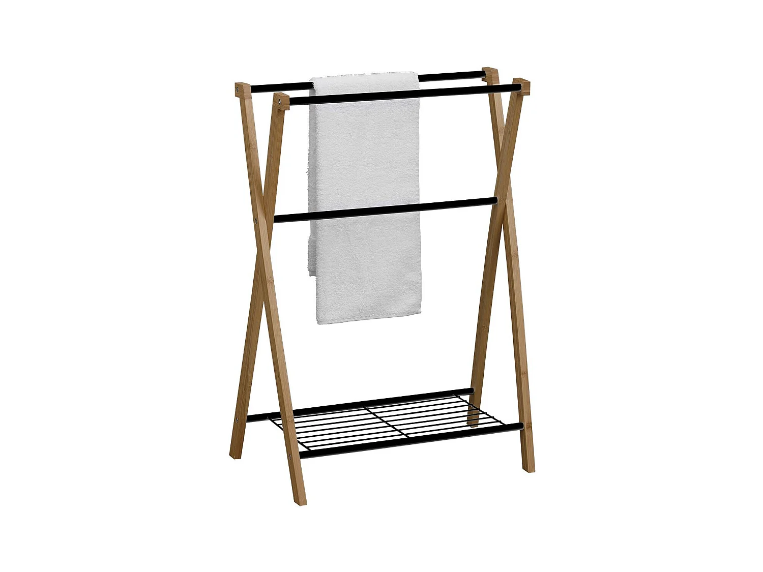 Porte-serviettes 3 Barres et 1 Tablette en Bambou et Métal Noir H 86 cm