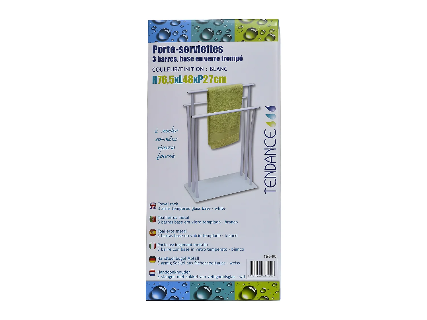 Porte-serviettes 3 Barres en métal blanc Base en verre trempé H 76.5 cm