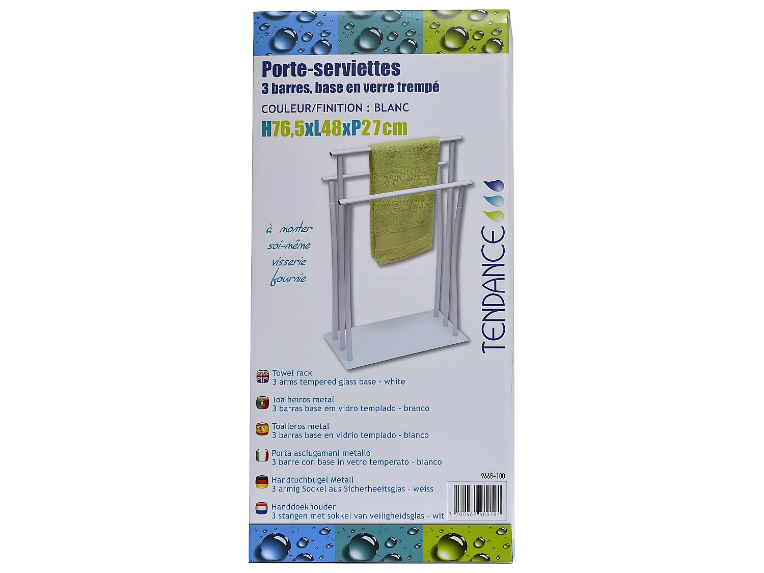 Porte-serviettes 3 Barres en métal blanc Base en verre trempé H 76.5 cm