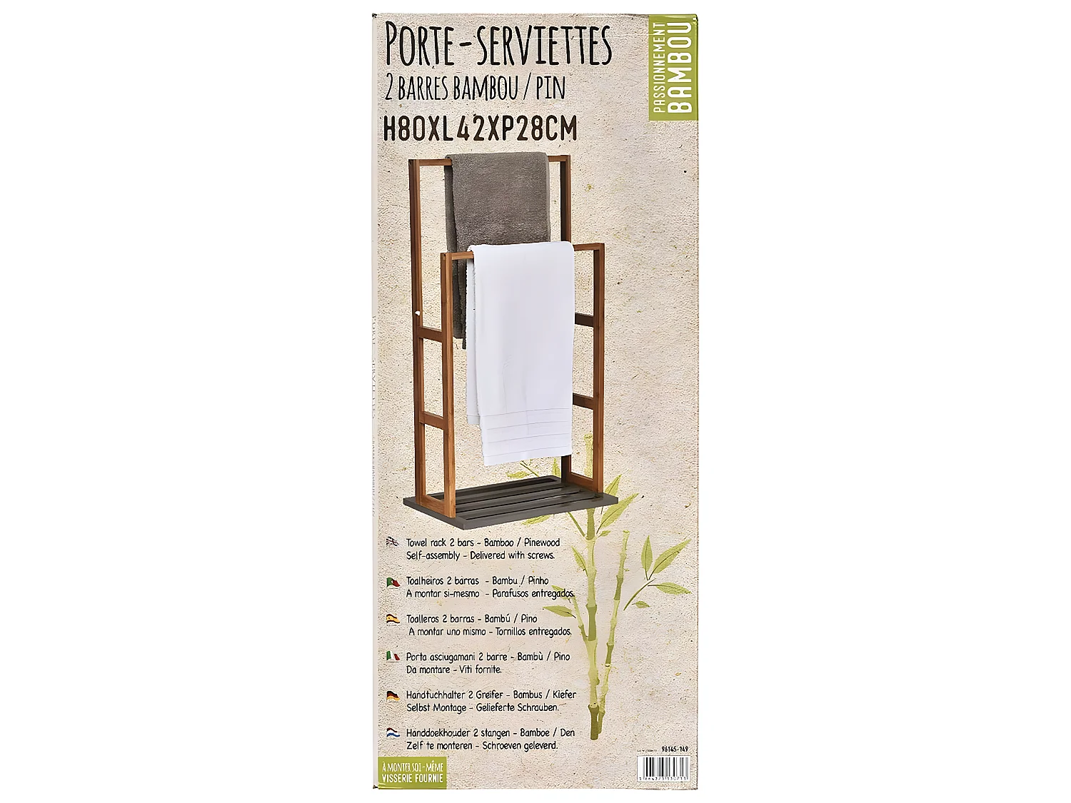 Porte-serviettes 2 Barres en Bambou et Vert Kaki H 80 cm