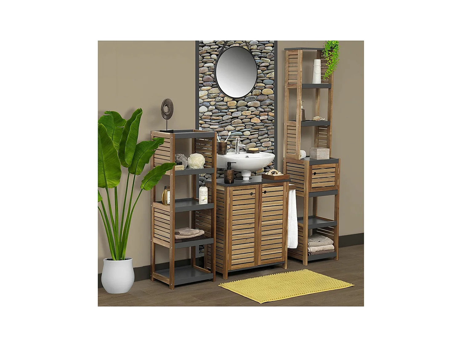 Meuble sous lavabo avec porte-serviette latéral intégré H 70 cm - Acacia