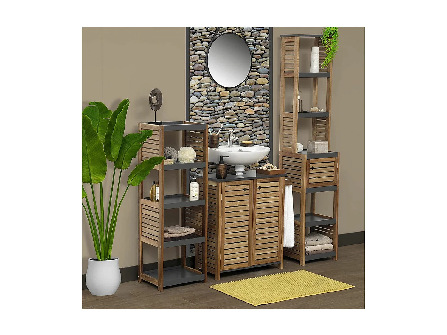 Meuble sous lavabo avec porte-serviette latéral intégré H 70 cm - Acacia