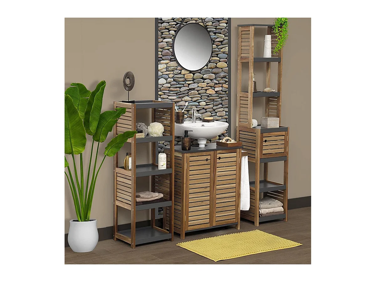 Meuble sous lavabo avec porte-serviette latéral intégré H 70 cm - Acacia