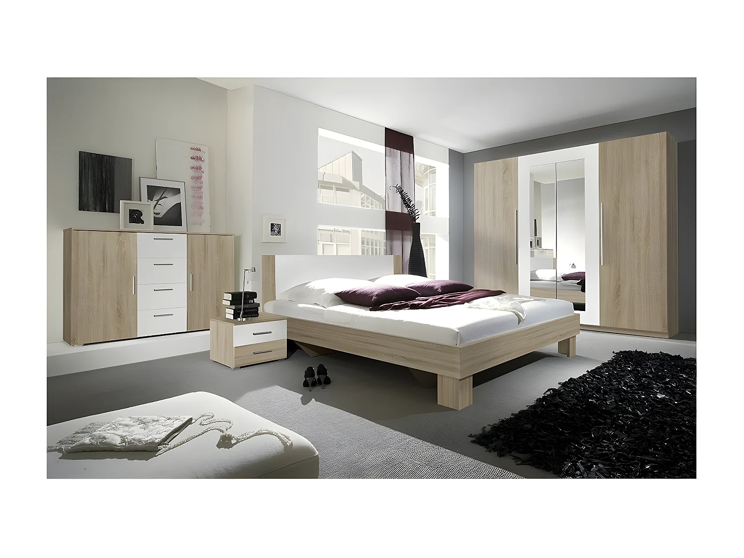 Chambre complète Irina couleur chêne et blanc : Lit 180x200 cm + armoire + commode + chevets.