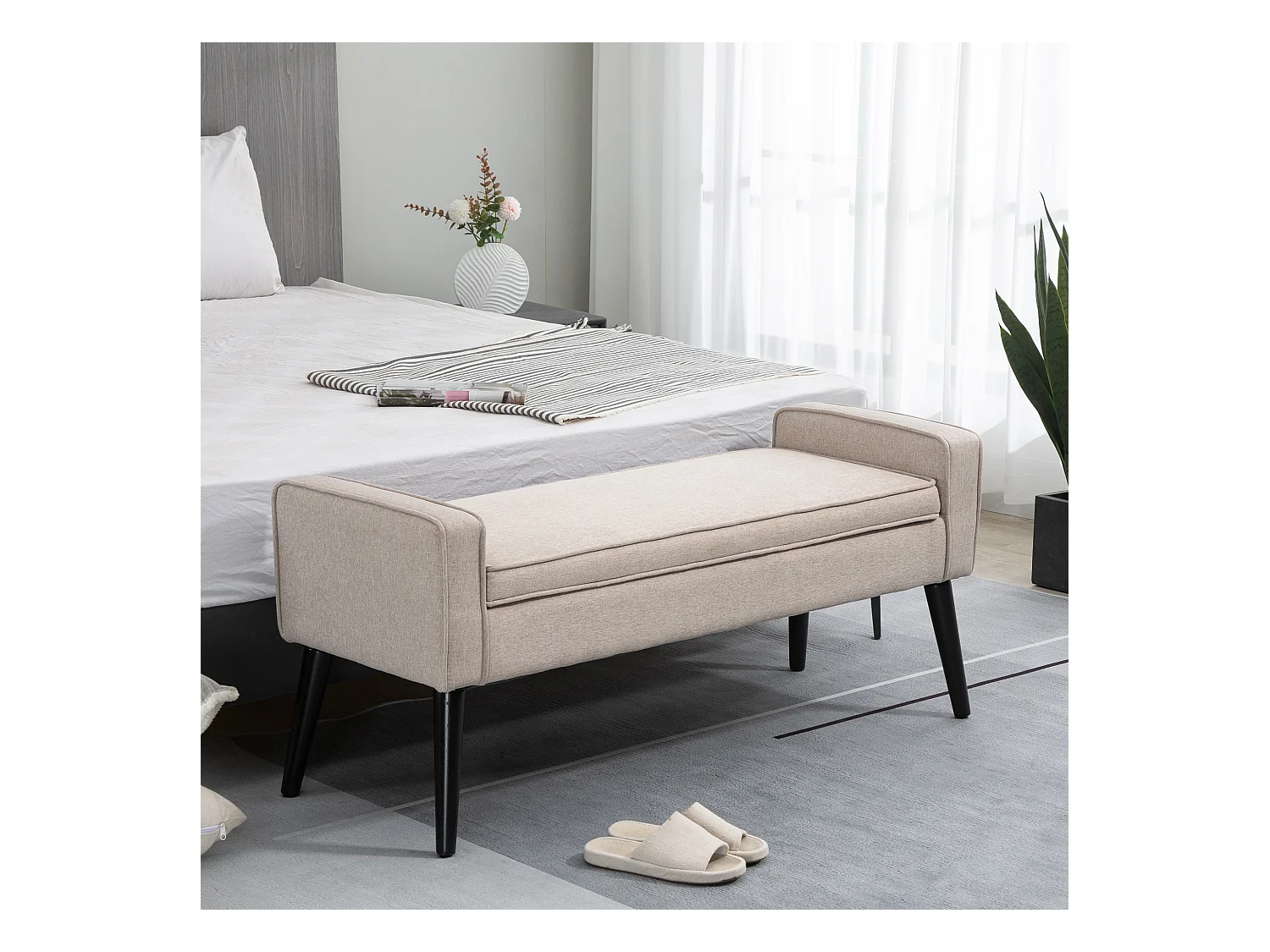 Banquette coffre de rangement 2 en 1 style contemporain pieds effilés bois d'hévéa noir aspect lin beige