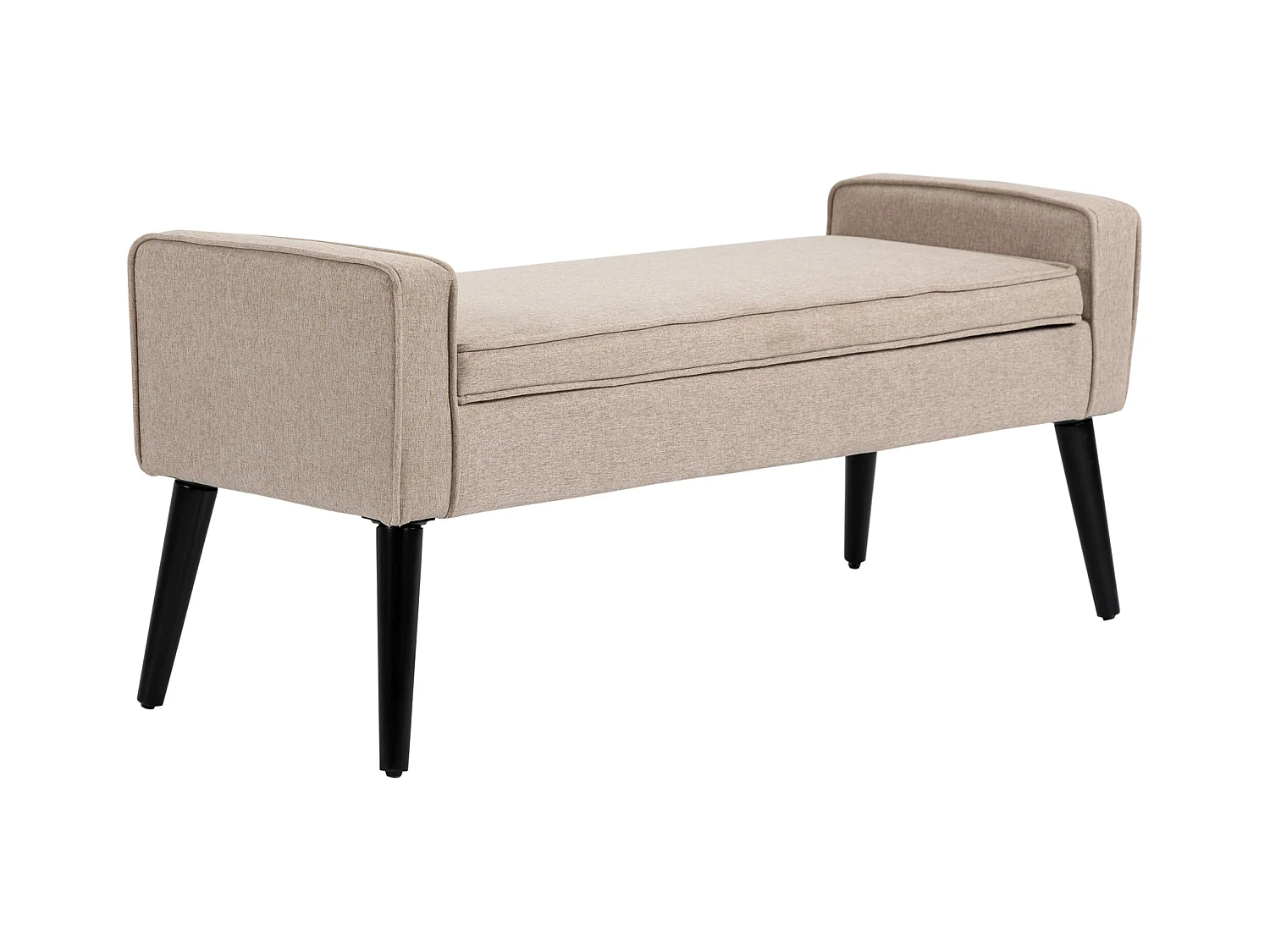 Banquette coffre de rangement 2 en 1 style contemporain pieds effilés bois d'hévéa noir aspect lin beige