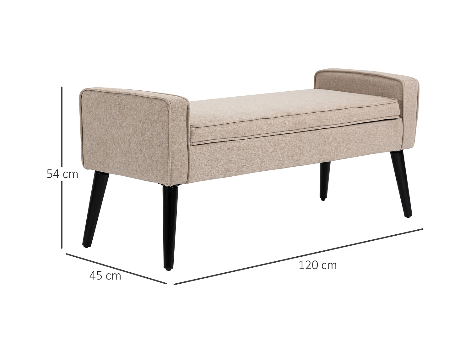 Banquette coffre de rangement 2 en 1 style contemporain pieds effilés bois d'hévéa noir aspect lin beige