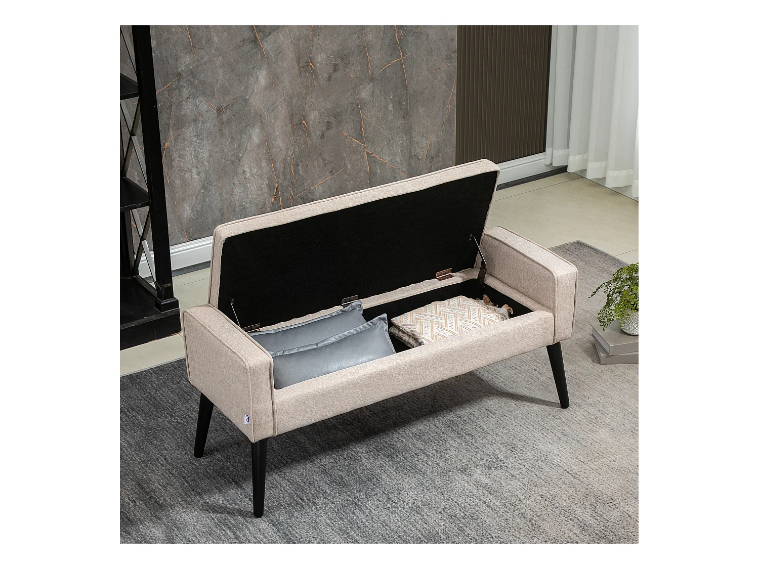 Banquette coffre de rangement 2 en 1 style contemporain pieds effilés bois d'hévéa noir aspect lin beige