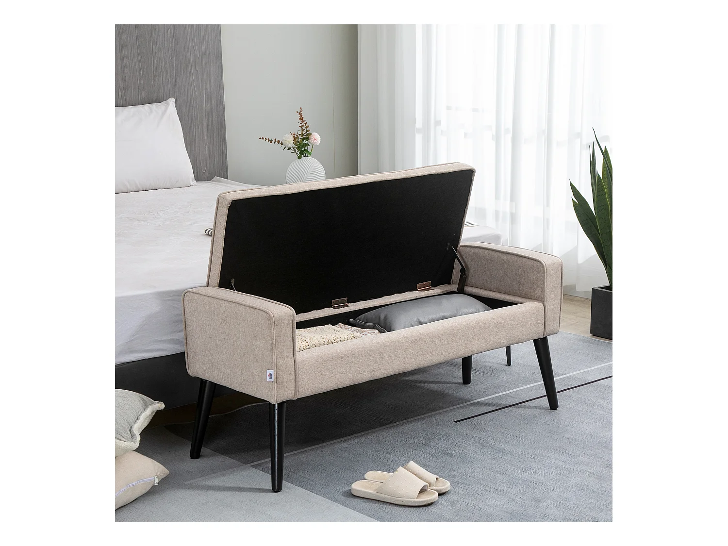 Banquette coffre de rangement 2 en 1 style contemporain pieds effilés bois d'hévéa noir aspect lin beige