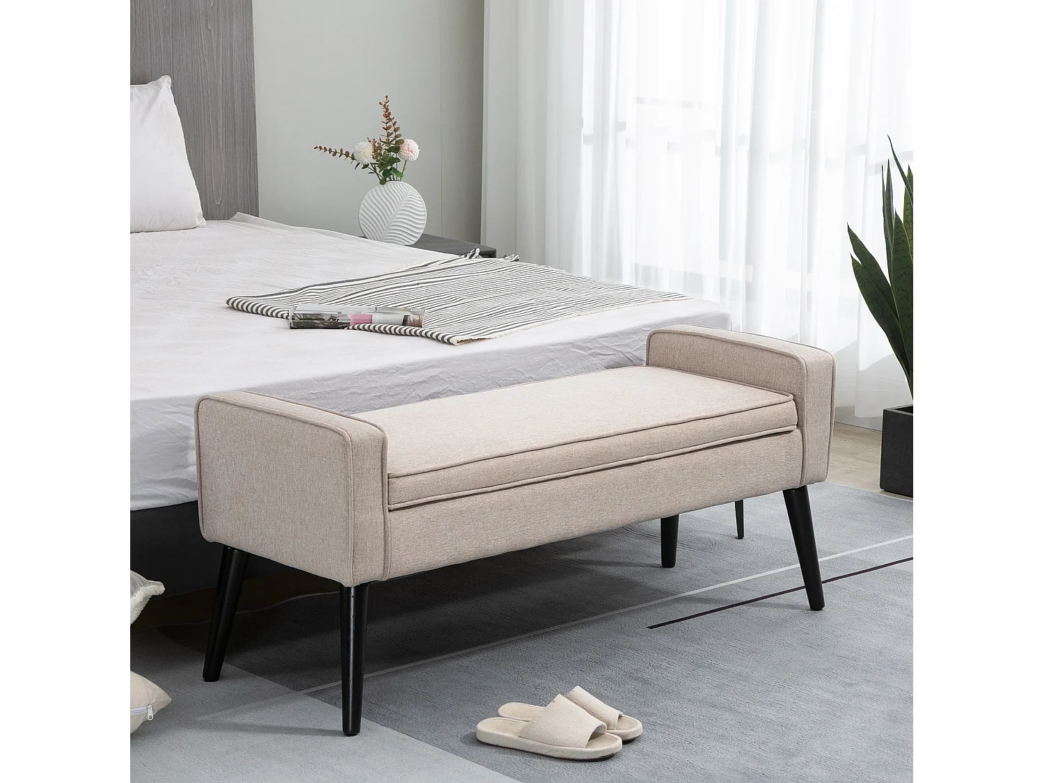 Banquette coffre de rangement 2 en 1 style contemporain pieds effilés bois d'hévéa noir aspect lin beige