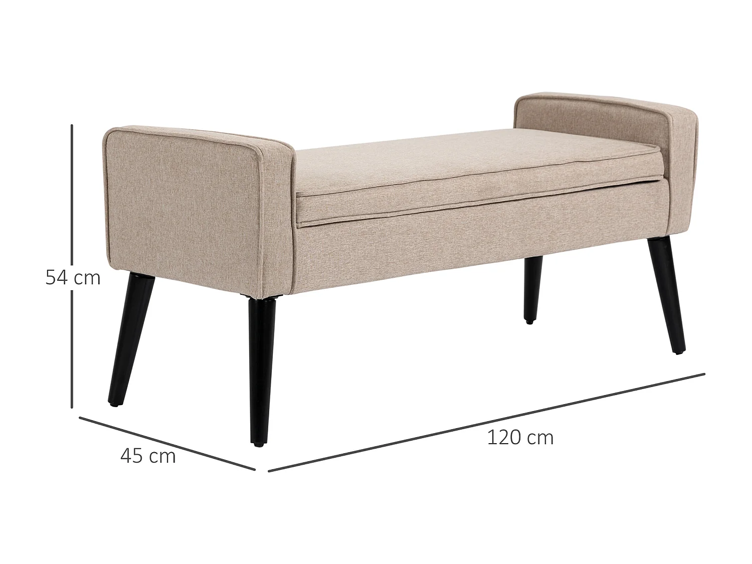 Banquette coffre de rangement 2 en 1 style contemporain pieds effilés bois d'hévéa noir aspect lin beige