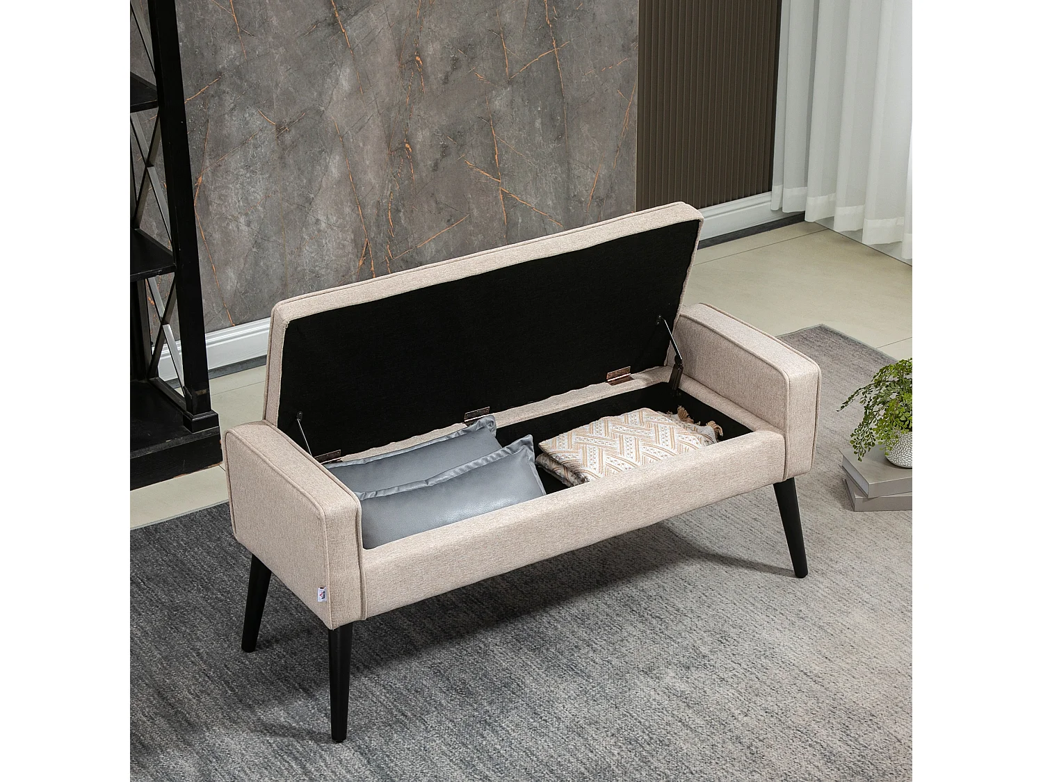 Banquette coffre de rangement 2 en 1 style contemporain pieds effilés bois d'hévéa noir aspect lin beige