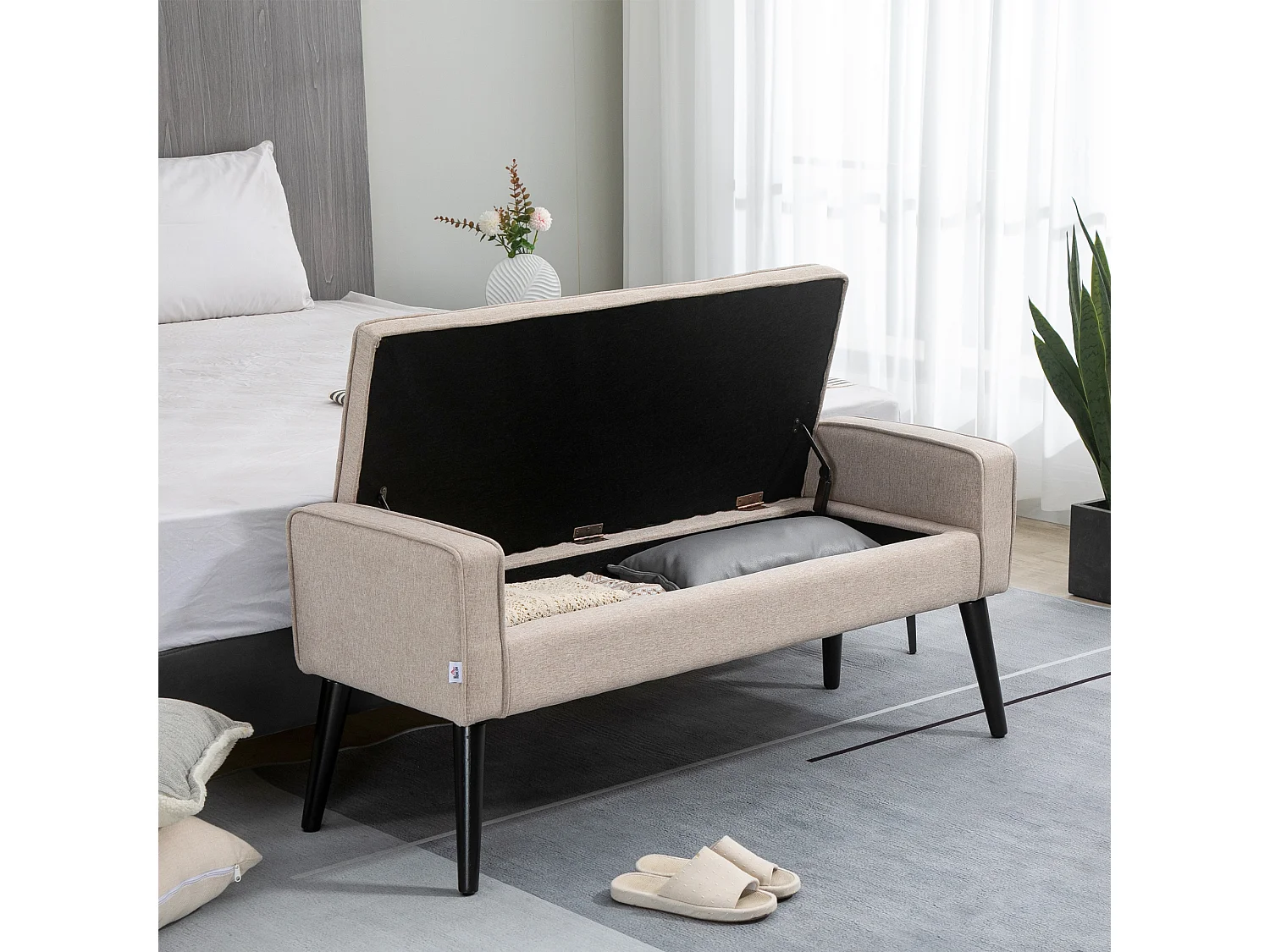 Banquette coffre de rangement 2 en 1 style contemporain pieds effilés bois d'hévéa noir aspect lin beige