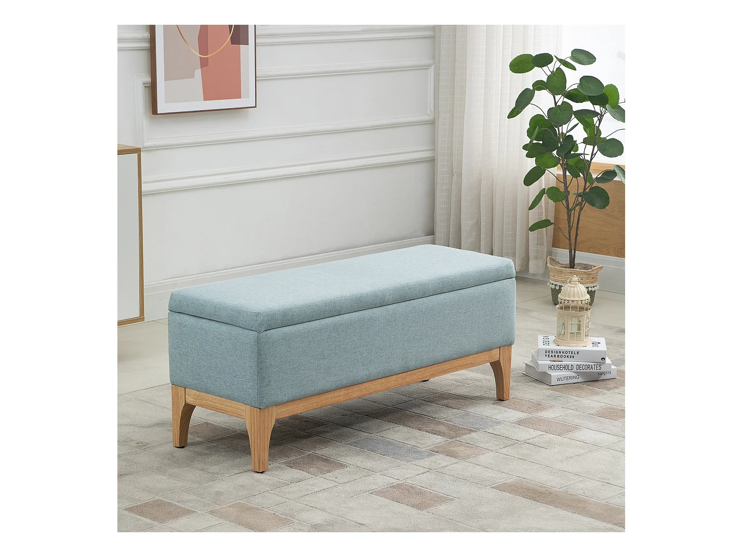 HOMCOM Banquette coffre de rangement 2 en 1 style scandinave dim. 110L x 39l x 45H cm tissu vert d'eau