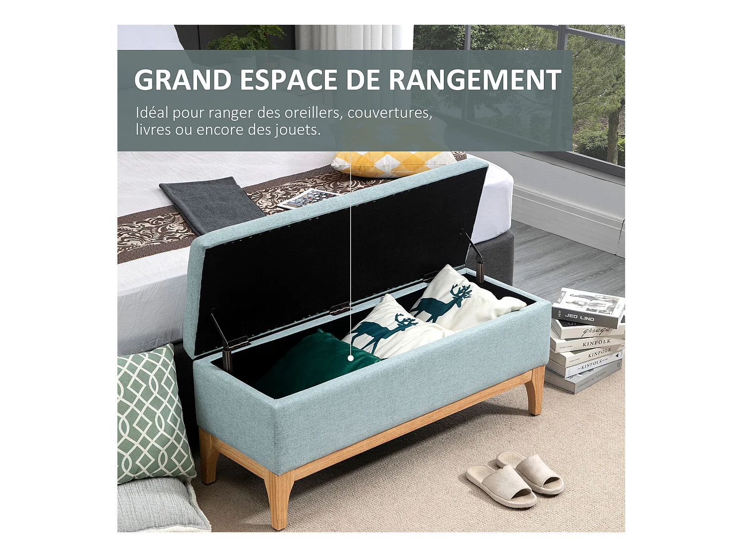 HOMCOM Banquette coffre de rangement 2 en 1 style scandinave dim. 110L x 39l x 45H cm tissu vert d'eau