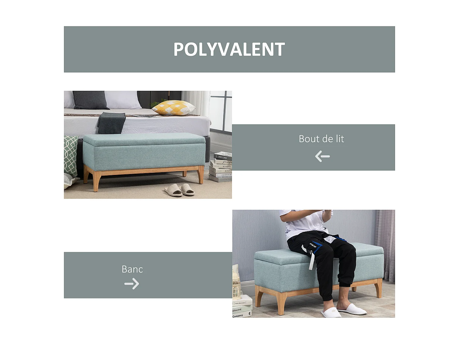 HOMCOM Banquette coffre de rangement 2 en 1 style scandinave dim. 110L x 39l x 45H cm tissu vert d'eau