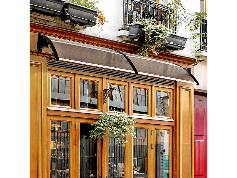 Auvent marquise de porte design voûté arrondi dim. 195L x 80l x 23H cm polycarbonate fumé brun plastique noir