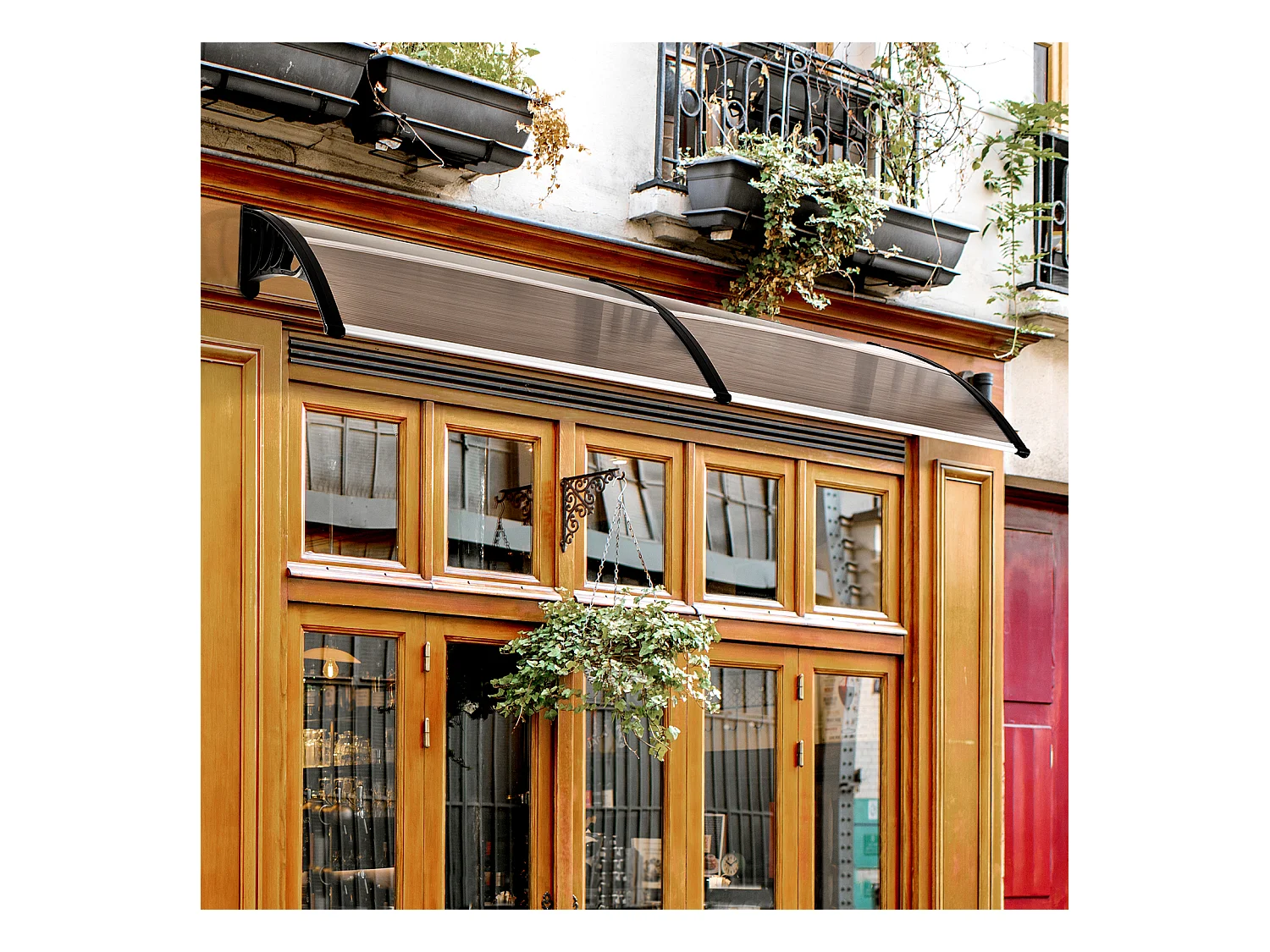 Auvent marquise de porte design voûté arrondi dim. 195L x 80l x 23H cm polycarbonate fumé brun plastique noir