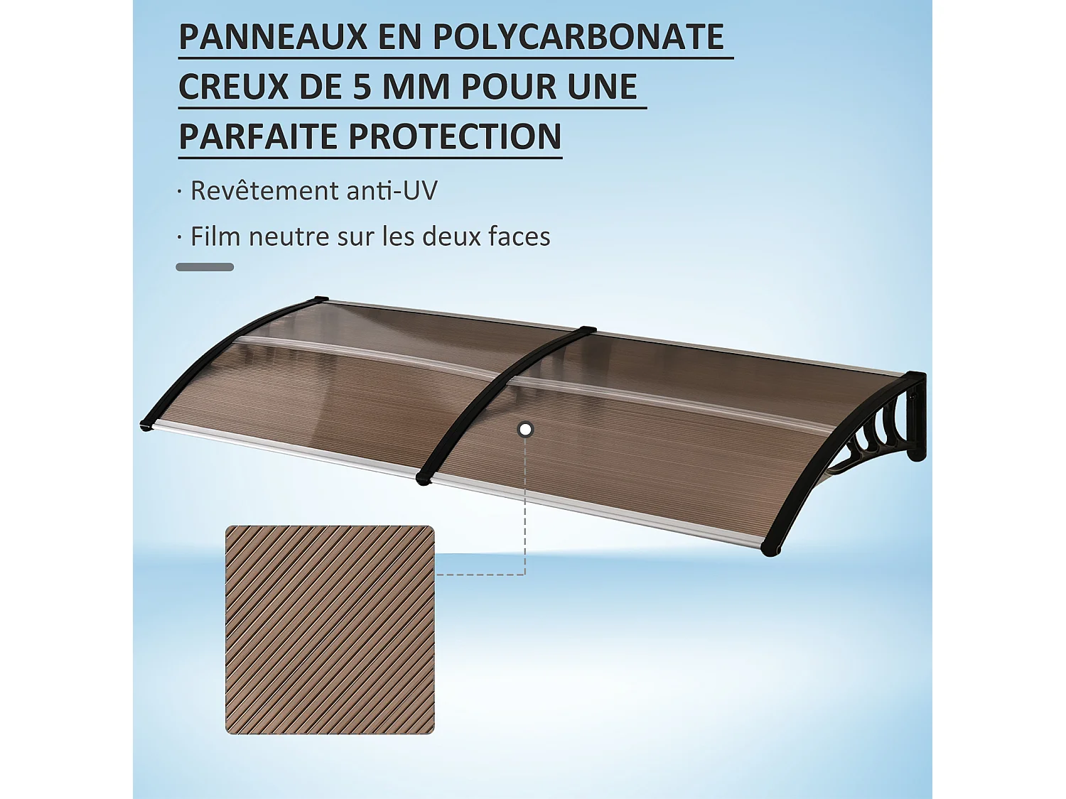 Auvent marquise de porte design voûté arrondi dim. 195L x 80l x 23H cm polycarbonate fumé brun plastique noir