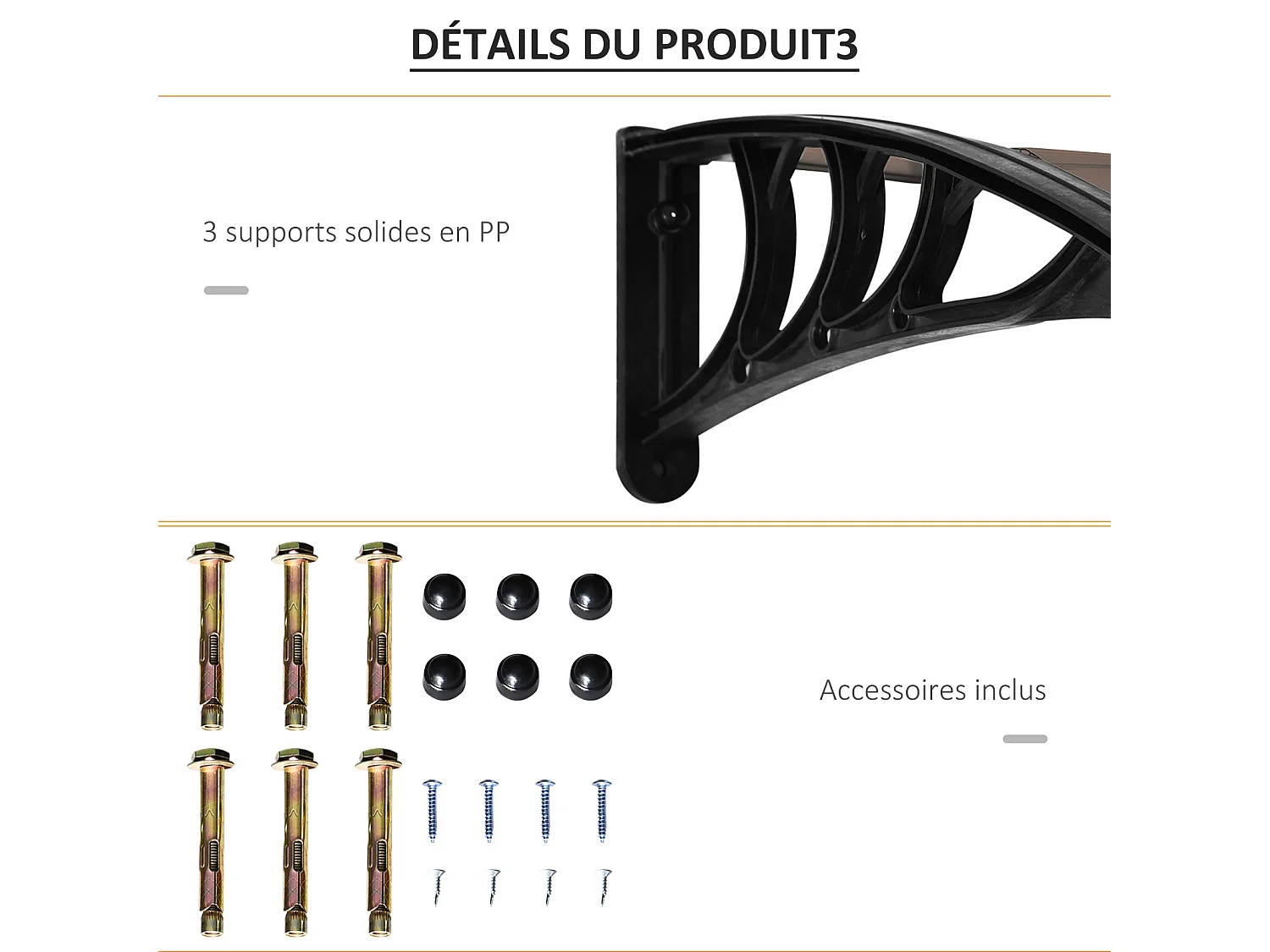 Auvent marquise de porte design voûté arrondi dim. 195L x 80l x 23H cm polycarbonate fumé brun plastique noir