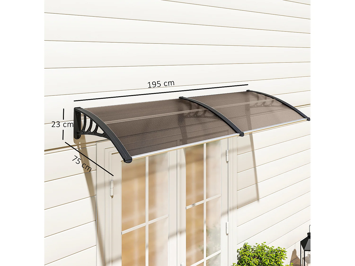 Auvent marquise de porte design voûté arrondi dim. 195L x 80l x 23H cm polycarbonate fumé brun plastique noir