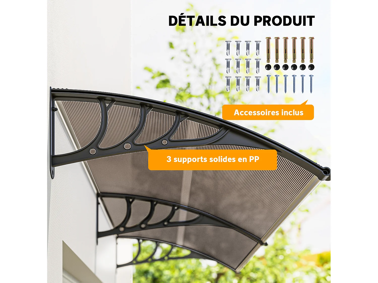 Auvent marquise de porte design voûté arrondi dim. 195L x 80l x 23H cm polycarbonate fumé brun plastique noir