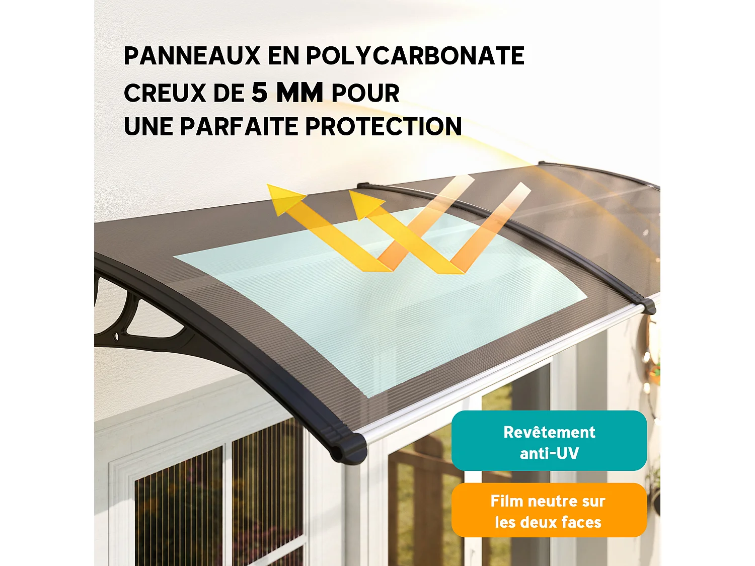 Auvent marquise de porte design voûté arrondi dim. 195L x 80l x 23H cm polycarbonate fumé brun plastique noir