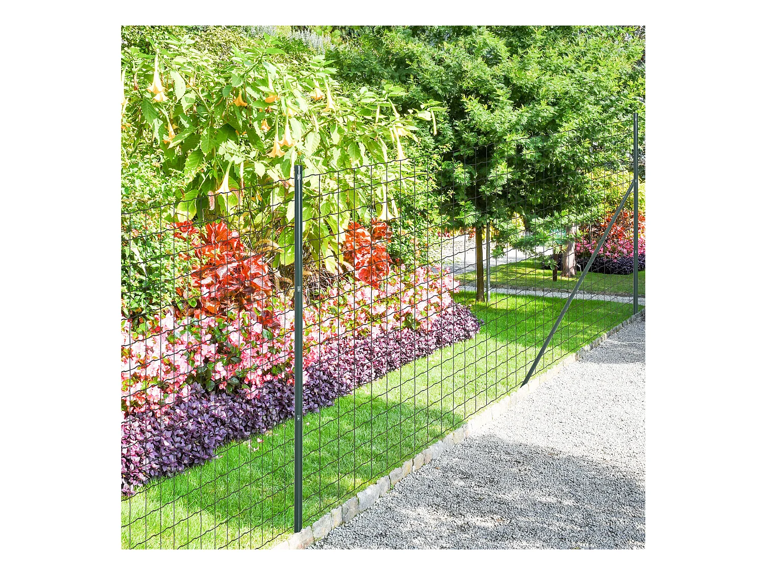 Grillage rouleau soudé - maille 7,3L x 6,3l cm - hauteur 2 m - longueur 10 m - poteaux, jambes de force inclus - acier revêtement PVC vert