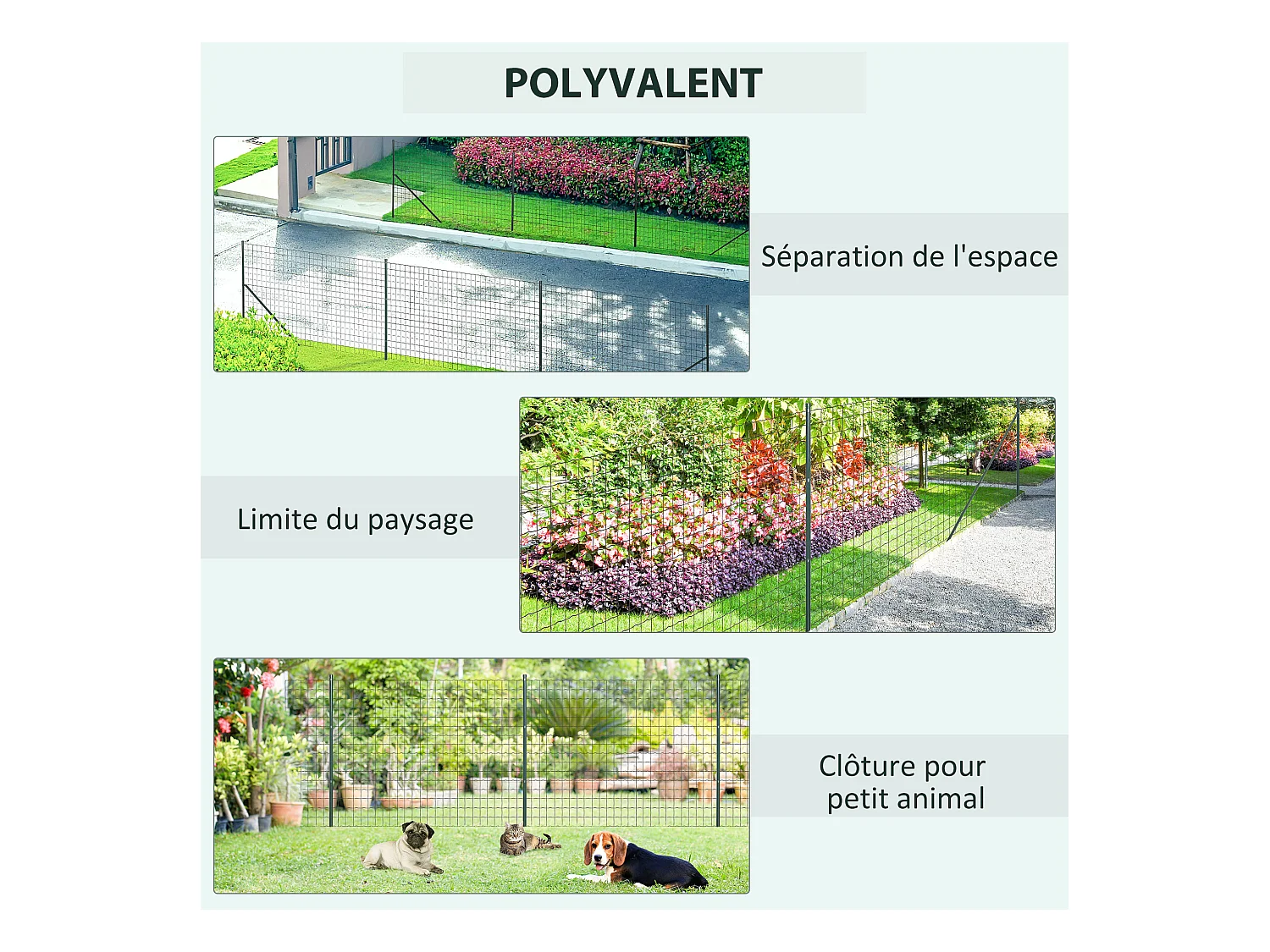 Grillage rouleau soudé - maille 7,3L x 6,3l cm - hauteur 2 m - longueur 10 m - poteaux, jambes de force inclus - acier revêtement PVC vert